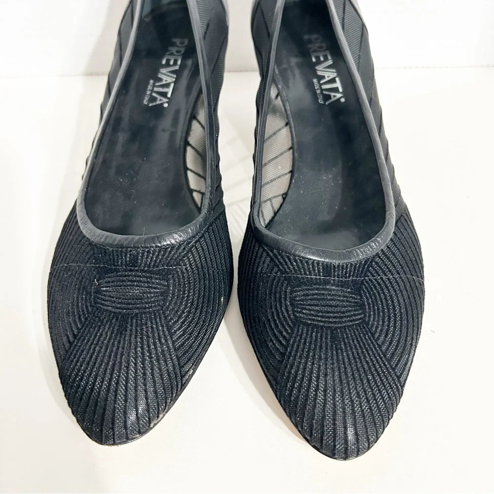 Vintage Prevata Black Textured Mesh Pleated Pointed Toe Kitten Heel Pumps Italy